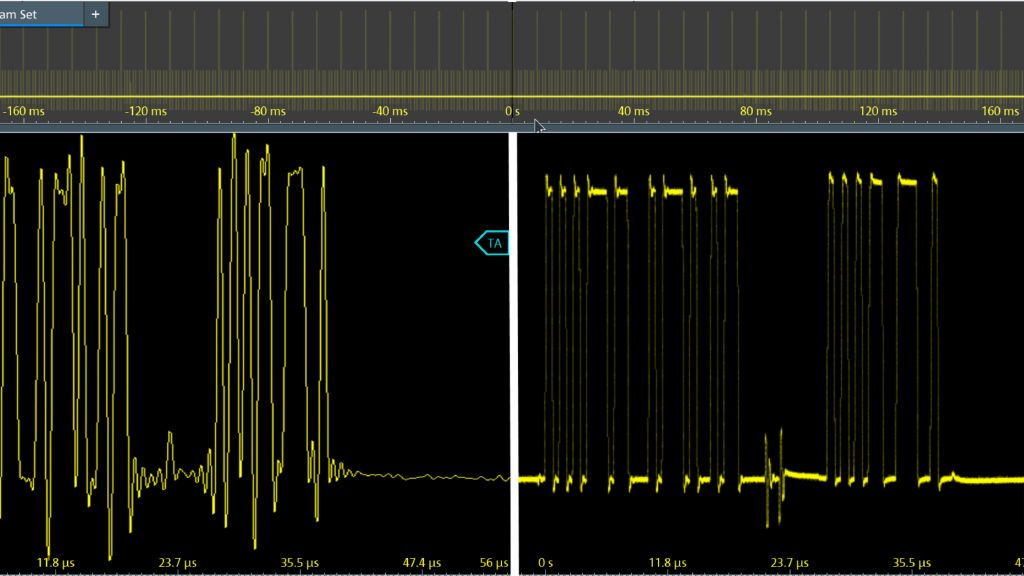 Slow (left) vs. fast sample rate (right) with a long capture window